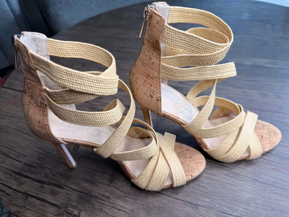 Jessica Simpson Strappy Cork Heel Tan Cream Zip Back Stiletto Size 8.5
